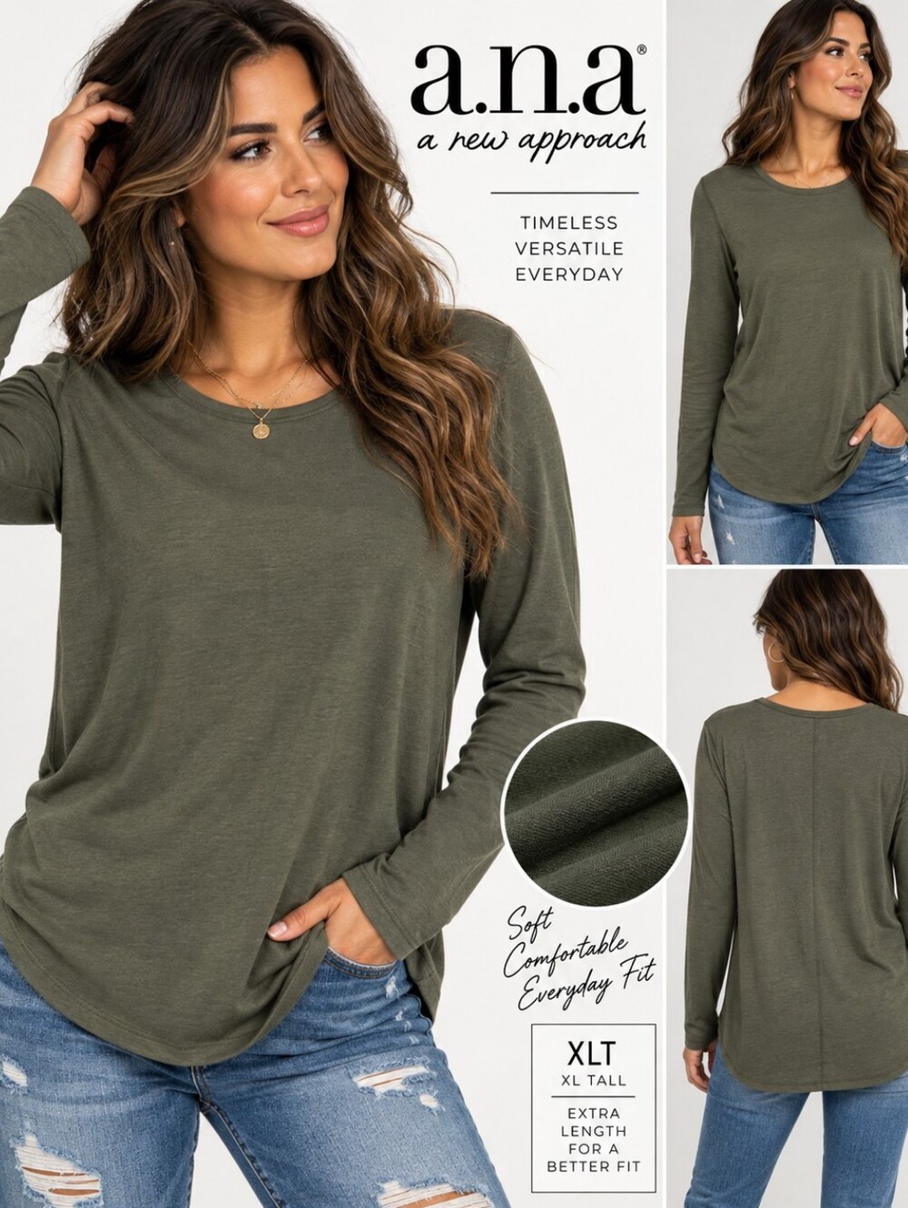 🌿 a.n.a Olive Green Long Sleeve Essential Tee – Size XLT